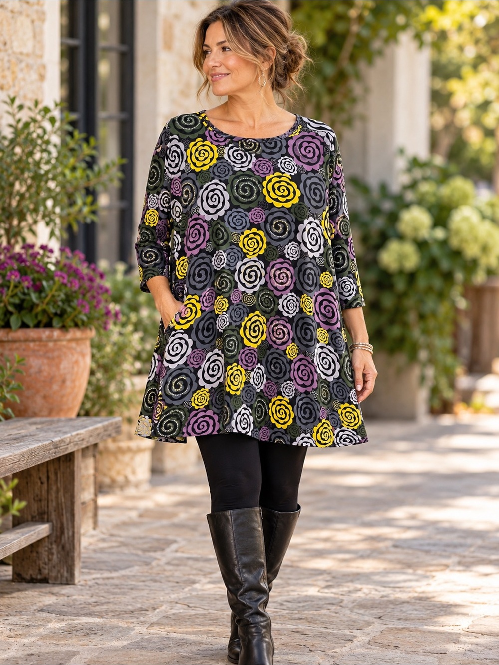GUDRUN SJÖDÉN XXL Floral Rose Print Swing Tunic Lagenlook Artsy Boho